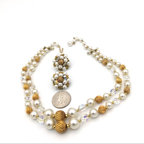Vintage Jewelry Set Necklace Earrings Faux Pearl - Picture 2 of 6